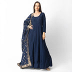 Nola Blue Long Dress with Banarasi Silk Drape by Raas