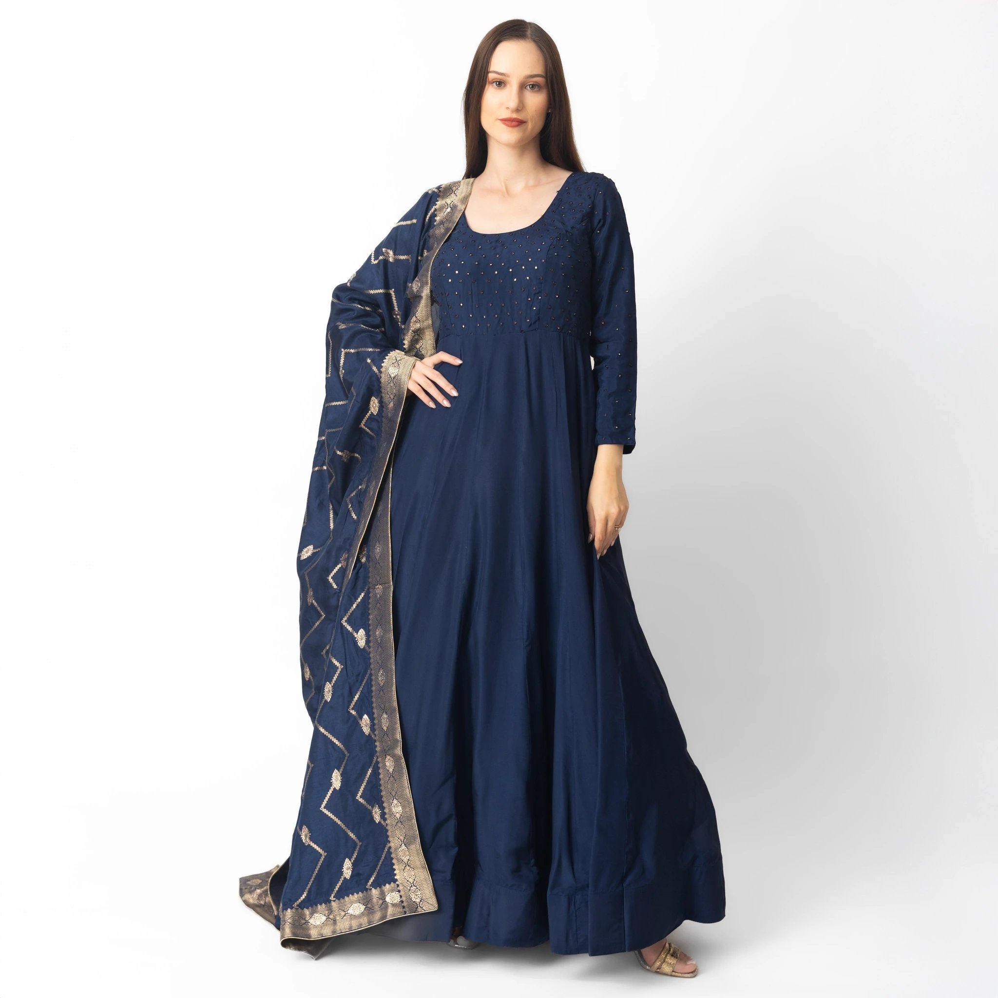 Nola Blue Long Dress with Banarasi Silk Drape by Raas