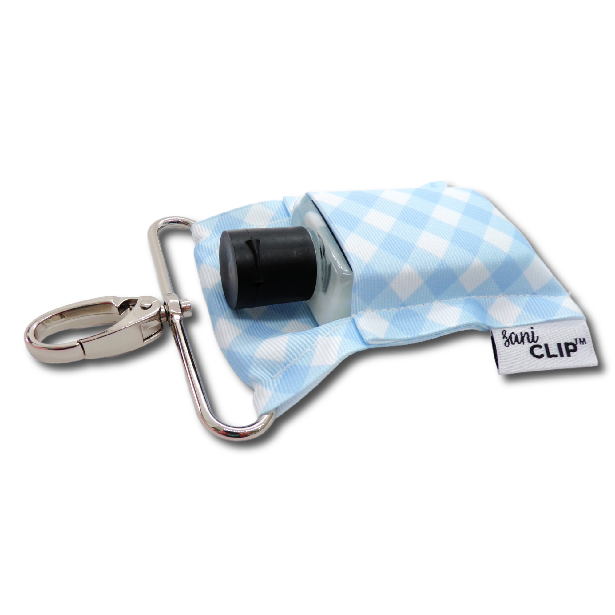 Light Blue and White Gingham SaniClip Hand Sanitizer Holder