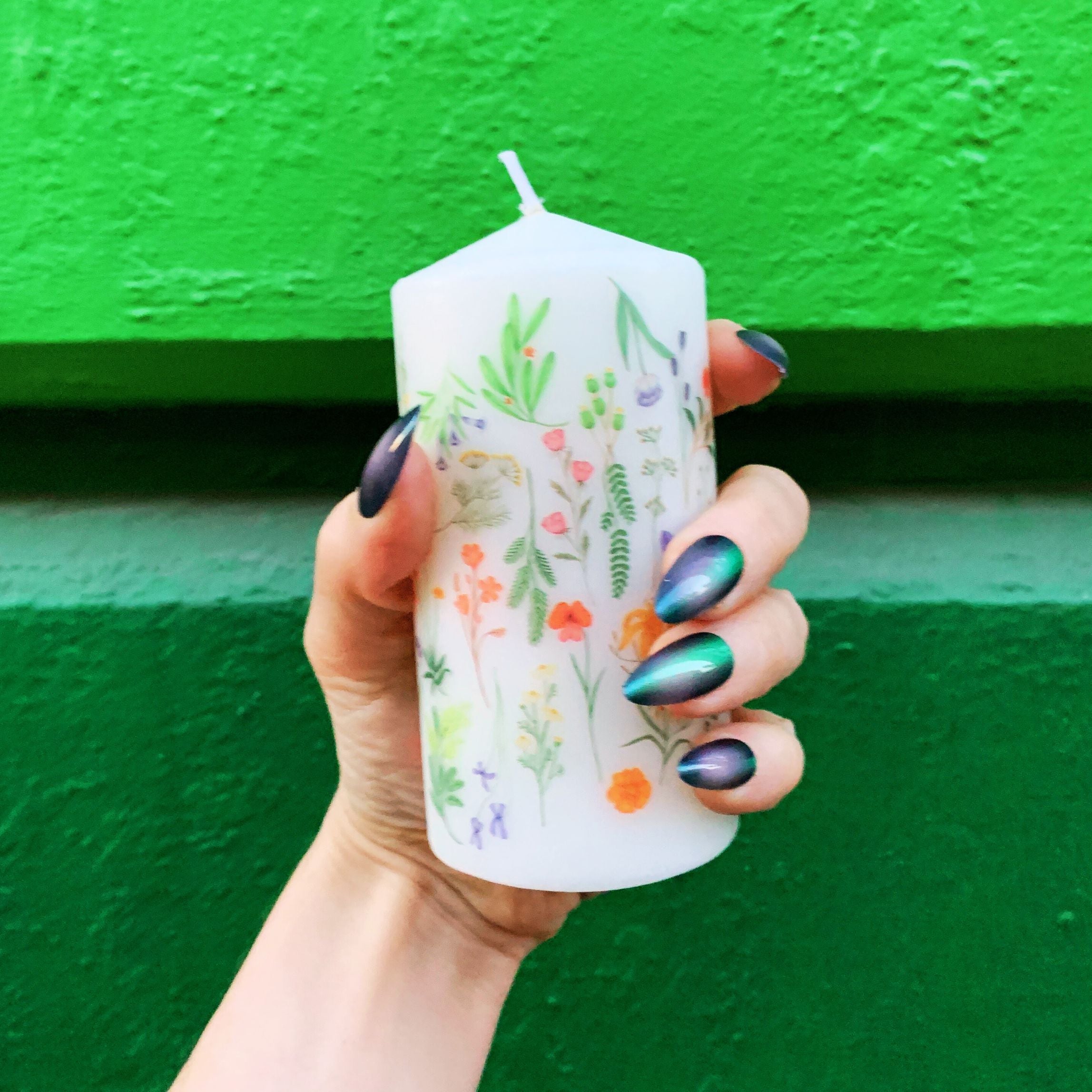 Boho Flowers Mini Pillar Candle  | Aesthetic Unscented Table Decor Floral Cylindrical Candle 4.75"