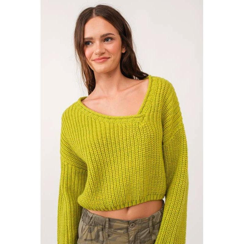 Brat Green Asymmetric Neckline Knit Crop Top Sweater [Available in SM and M] by The Bullish Store