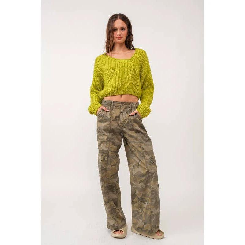 Brat Green Asymmetric Neckline Knit Crop Top Sweater [Available in SM and M] by The Bullish Store