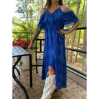Broken Bow Cold Shoulder Maxi Dress in Blue Aztec by The Bullish Store