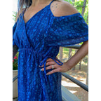 Broken Bow Cold Shoulder Maxi Dress in Blue Aztec by The Bullish Store