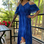 Broken Bow Cold Shoulder Maxi Dress in Blue Aztec by The Bullish Store