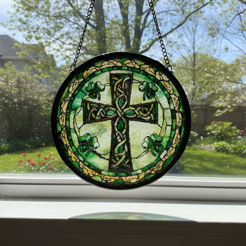 Irish Shamrock Celtic Cross Stained Glass Gift