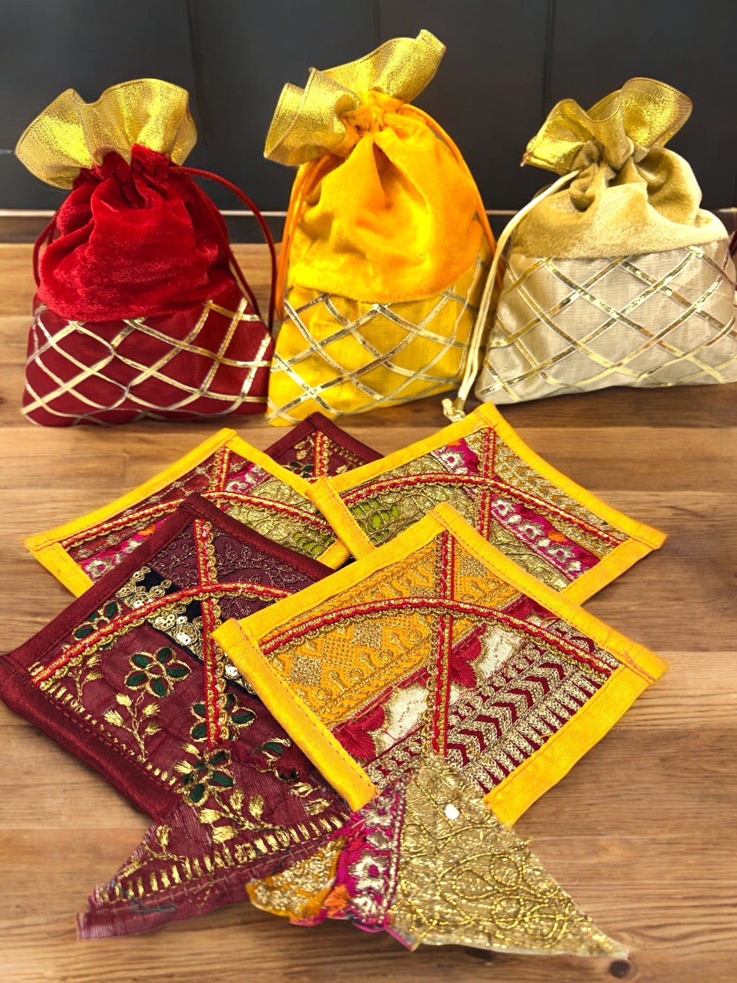 Set of 5 - Ready to give Combo includes Adjustable Penny Bangle Pair & One Fabric Kite in Velvet Potli Gift Bag for Makar Sankrant Haldi Kumkum Ceremony