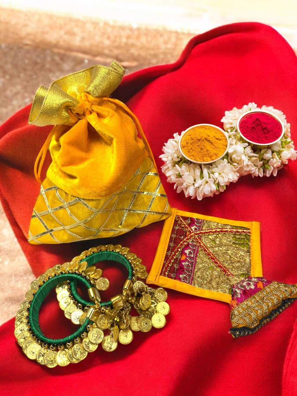 Set of 5 - Ready to give Combo includes Adjustable Penny Bangle Pair & One Fabric Kite in Velvet Potli Gift Bag for Makar Sankrant Haldi Kumkum Ceremony