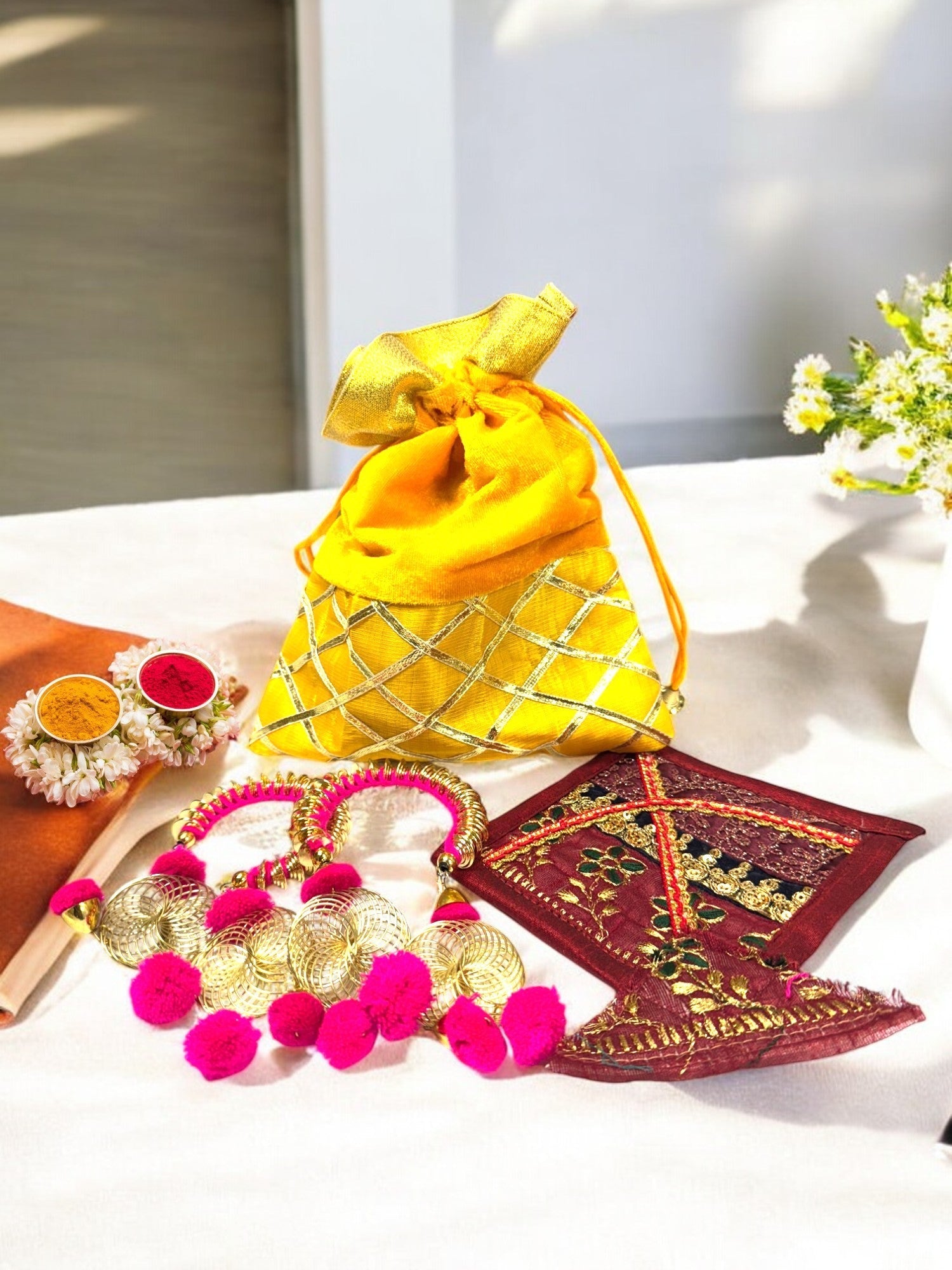 Set of 5 - Ready to give Combo includes One Adjustable Spiral Design Bangle Pair & One Fabric Kite in Velvet Potli Gift Bag for Makar Sankrant Haldi Kumkum Ceremony