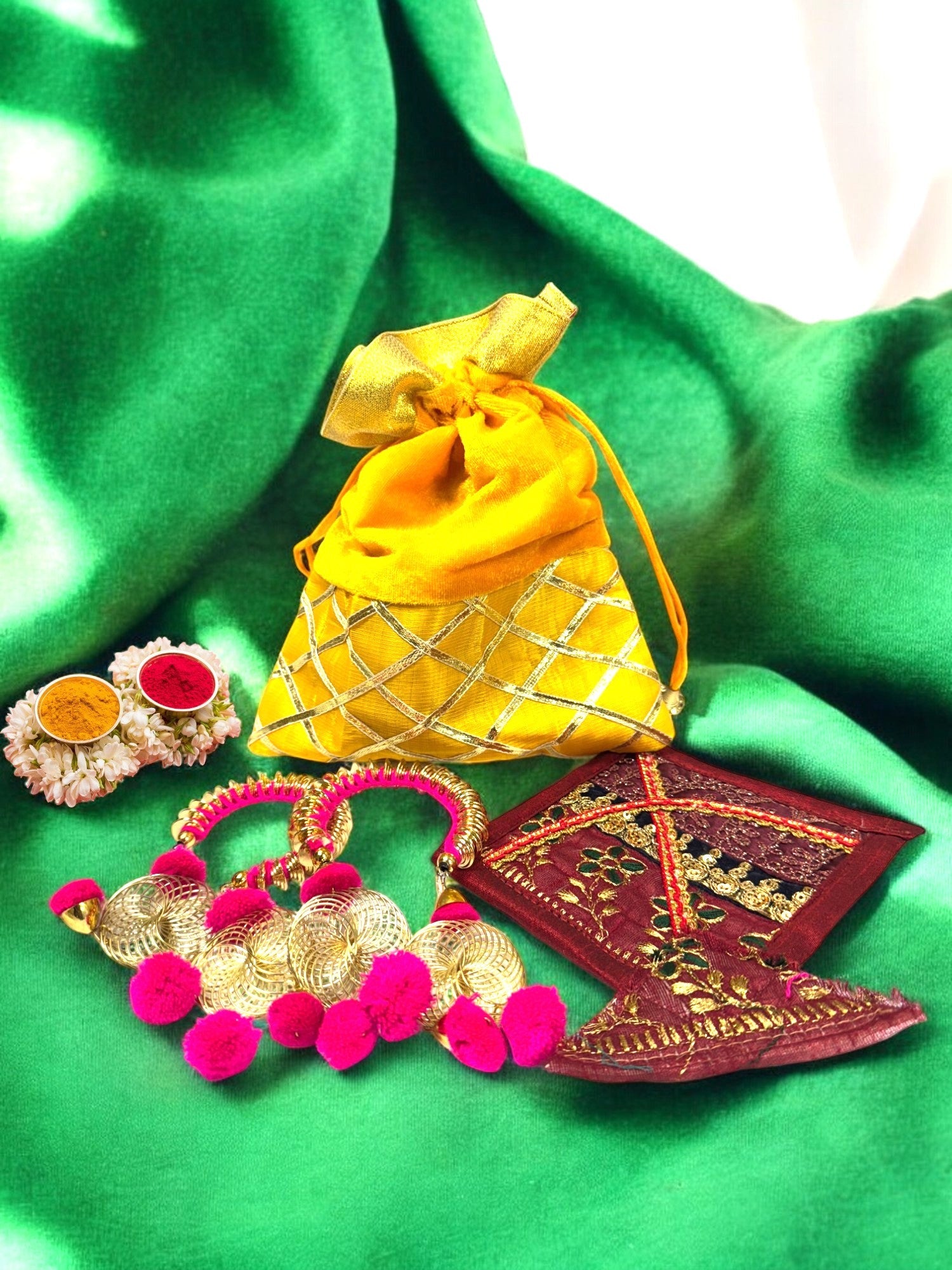 Set of 5 - Ready to give Combo includes One Adjustable Spiral Design Bangle Pair & One Fabric Kite in Velvet Potli Gift Bag for Makar Sankrant Haldi Kumkum Ceremony