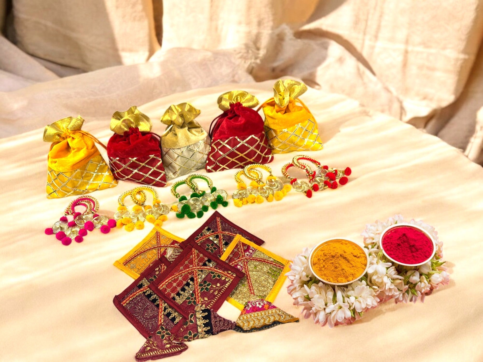 Set of 5 - Ready to give Combo includes One Adjustable Spiral Design Bangle Pair & One Fabric Kite in Velvet Potli Gift Bag for Makar Sankrant Haldi Kumkum Ceremony