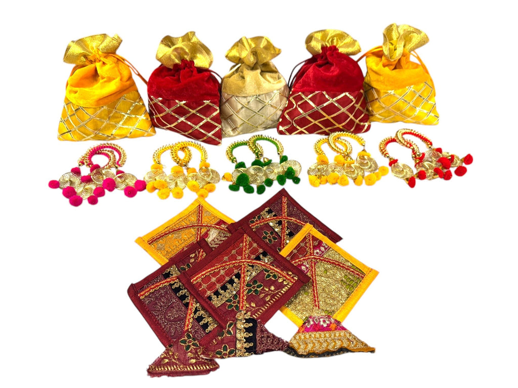 Set of 5 - Ready to give Combo includes One Adjustable Spiral Design Bangle Pair & One Fabric Kite in Velvet Potli Gift Bag for Makar Sankrant Haldi Kumkum Ceremony