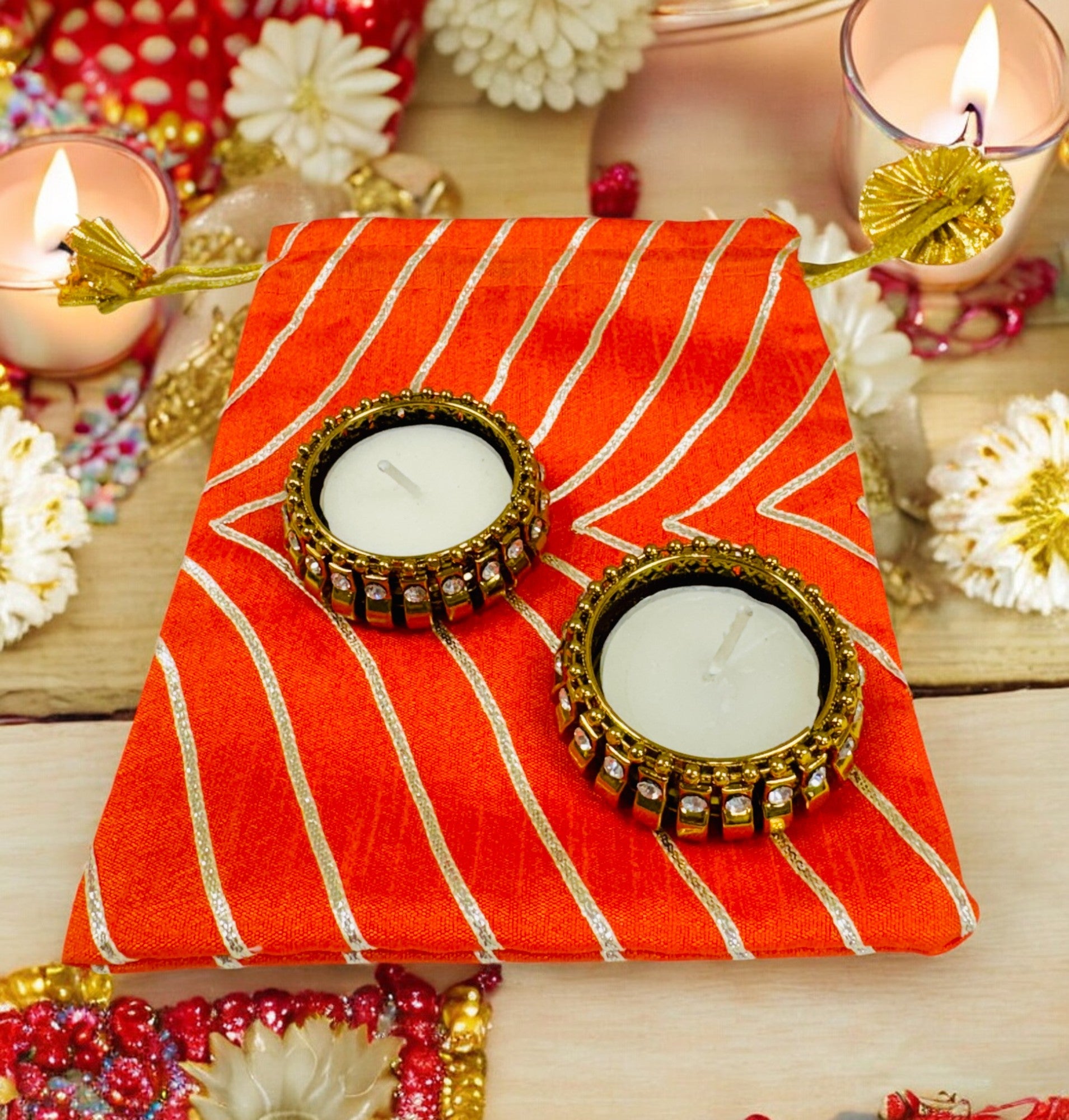 Ready-to gift Combo Set includes Two Kundan Diya's with Potli Gift Bag