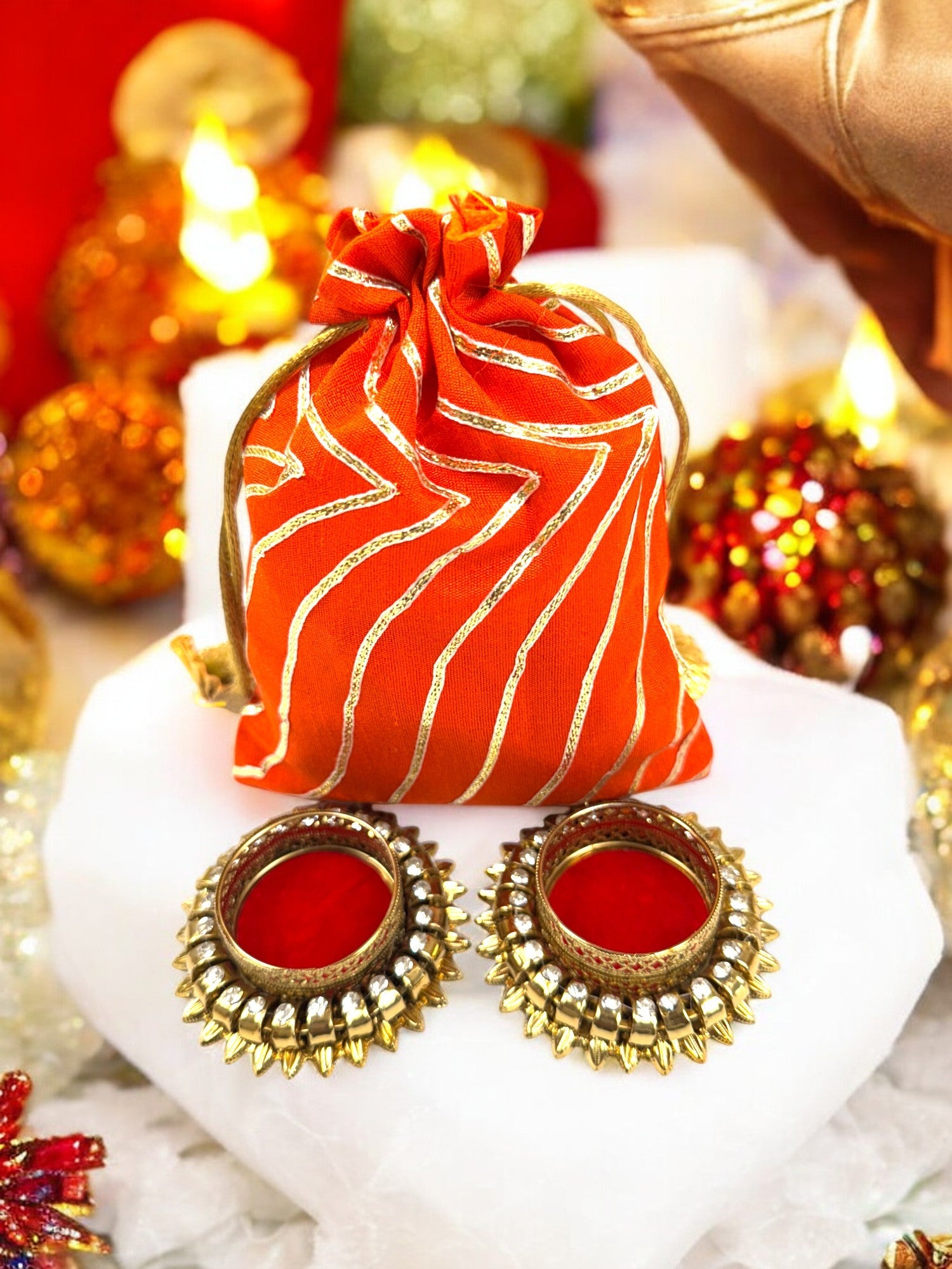 Ready-to-gift Combo Set includes Two Velvet Kundan Diya's with Potli Gift Bag