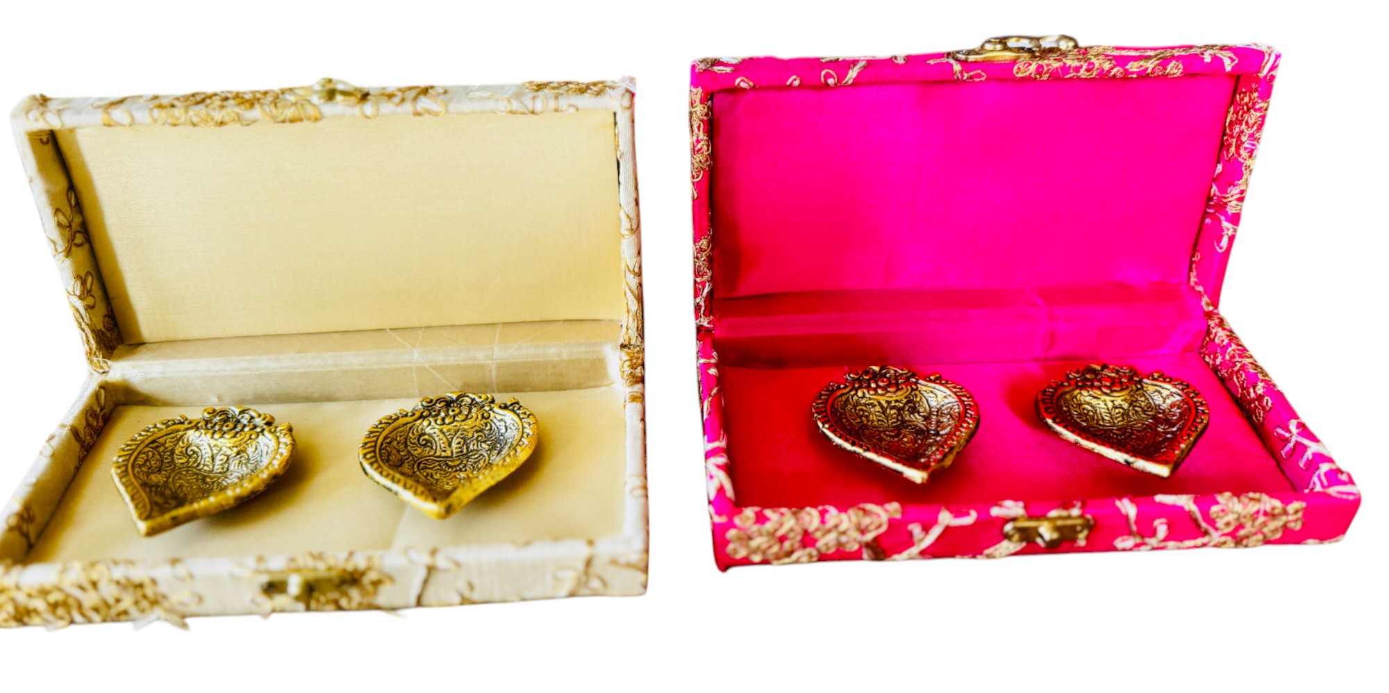 Ready-to-gift Combo Set includes Two Metal Diya's with Embroidered Gift Box set of 2  for Diwali or Indian Festivals or Occasions as Return Gift
