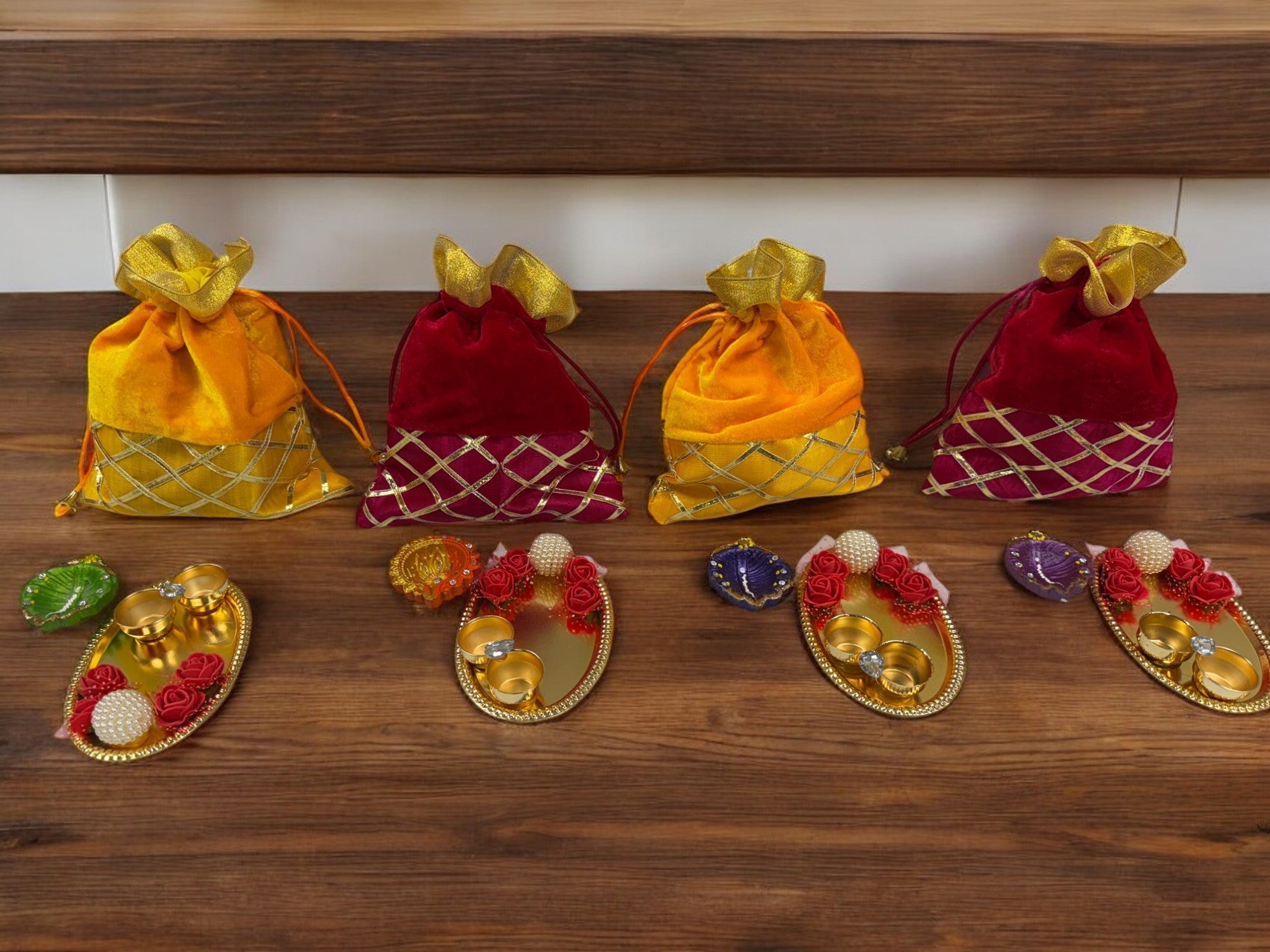 Ready-to-gift Combo Set includes One Beautiful Pearl Haldi Kumkum Plate & One Handpainted clay Diya with Potli Gift Bag Set of 4 for Diwali or Indian Festivals or Occasions as Return Gift