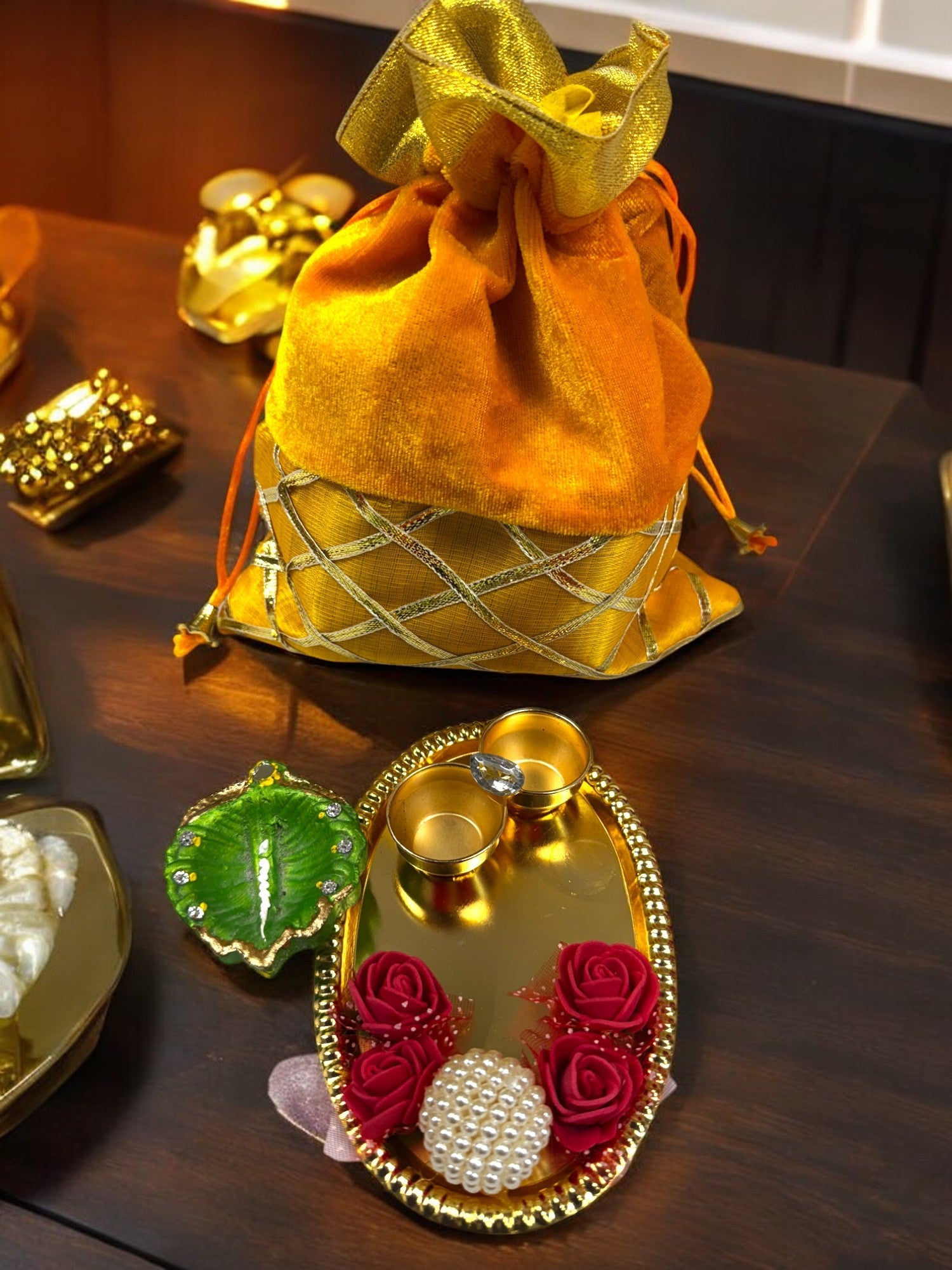 Ready-to-gift Combo Set includes One Beautiful Pearl Haldi Kumkum Plate & One Handpainted clay Diya with Potli Gift Bag Set of 4 for Diwali or Indian Festivals or Occasions as Return Gift