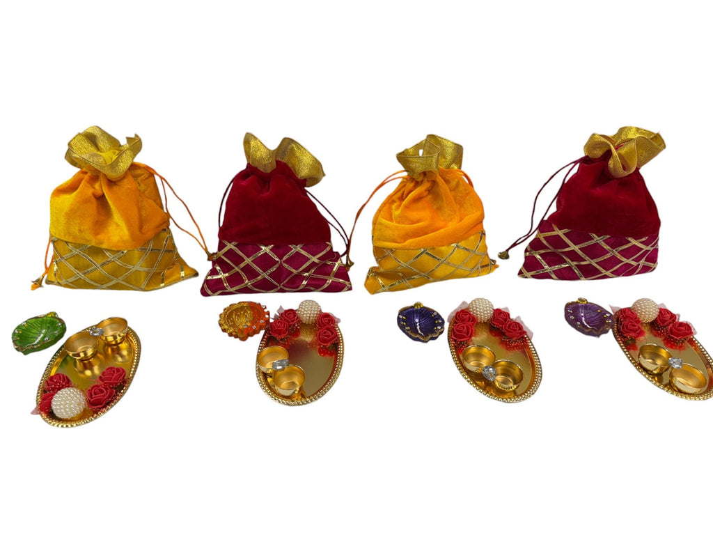 Ready-to-gift Combo Set includes One Beautiful Pearl Haldi Kumkum Plate & One Handpainted clay Diya with Potli Gift Bag Set of 4 for Diwali or Indian Festivals or Occasions as Return Gift