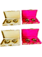 Ready-to-gift Combo Set includes Two Metal Diya's with Embroidered Gift Box set of 4  for Diwali or Indian Festivals or Occasions as Return Gift
