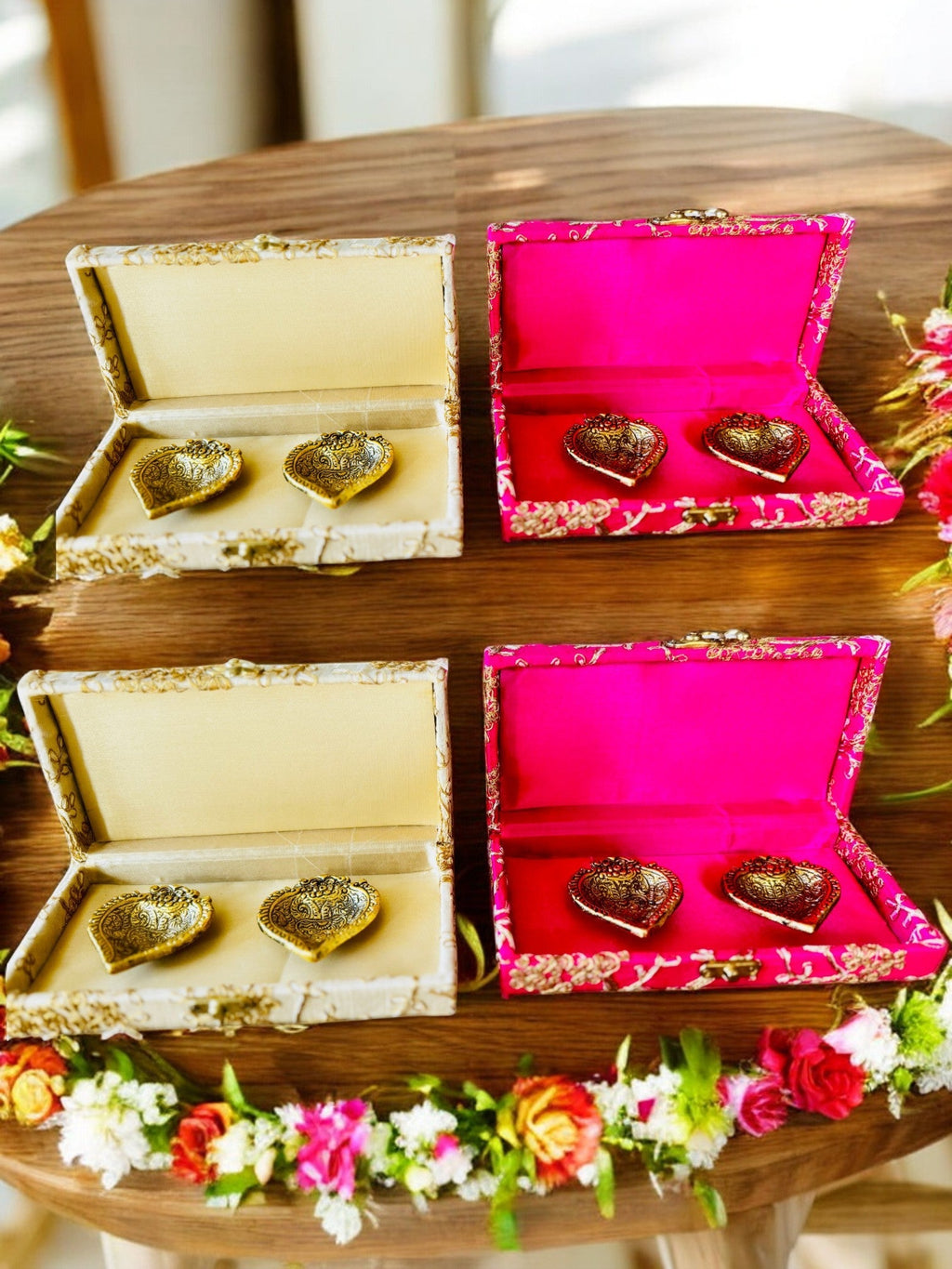 Ready-to-gift Combo Set includes Two Metal Diya's with Embroidered Gift Box set of 4  for Diwali or Indian Festivals or Occasions as Return Gift