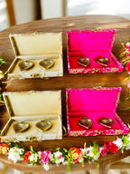 Ready-to-gift Combo Set includes Two Metal Diya's with Embroidered Gift Box set of 4  for Diwali or Indian Festivals or Occasions as Return Gift