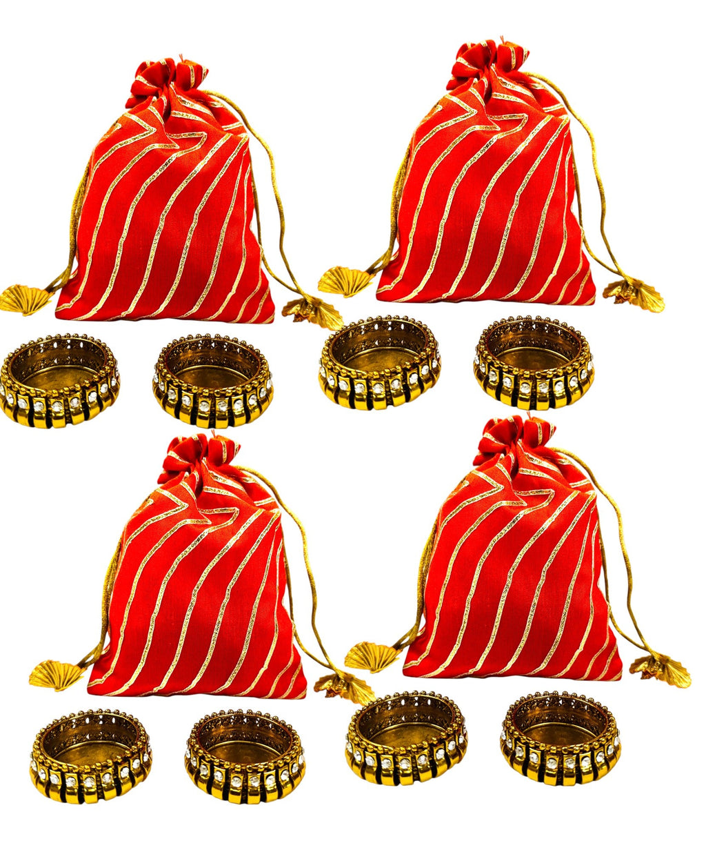 Ready to give Combo Set includes Two Kundan Diya's with Potli Gift Bag, Set of 4