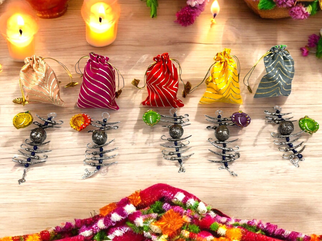 Ready-to-gift Combo Set includes Oxidized Nimbu Mirchi Charm & Hand painted Clay Diya with Potli Gift Bag Set of 5 for Diwali or Indian Festivals or Occasions as Return Gift