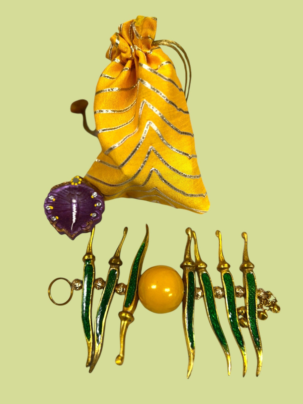 Ready-to-gift Combo Set includes One Metal Yellow & Green Nimbu Mirchi Charm & One Hand painted Clay Diya with Potli Gift Bag Set of 5 for Diwali or Indian Festivals or Occasions as Return Gift