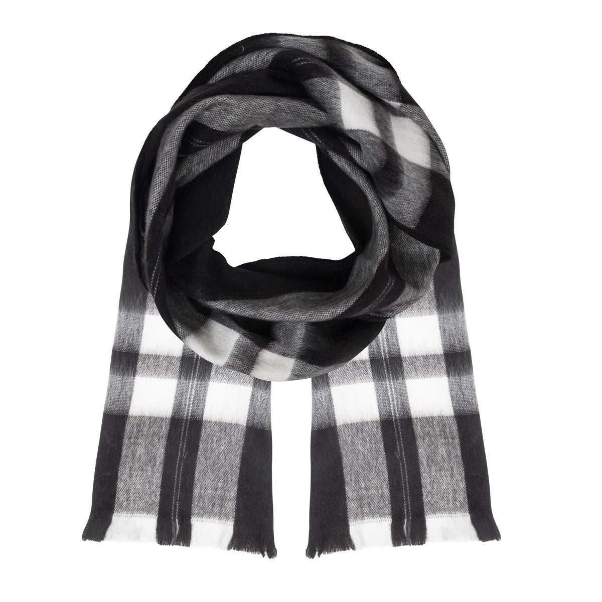 Alpaca Full Winter Gift Set, Black with White Plaid Scarf, Gray and Black Beanie, Black Fleece Lined Mittens