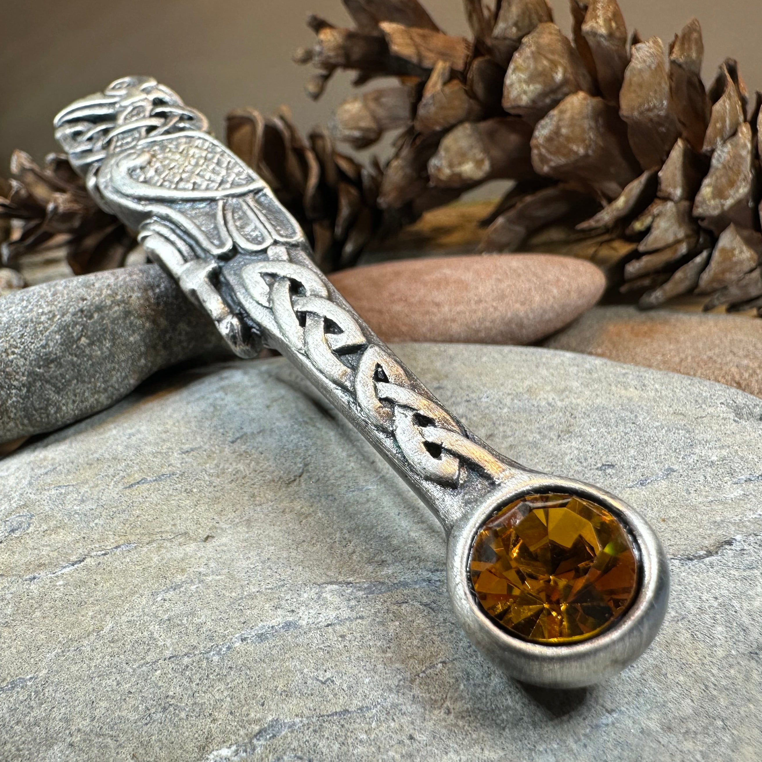 Celtic Raven Crystal Kilt Pin - Handmade in Scotland