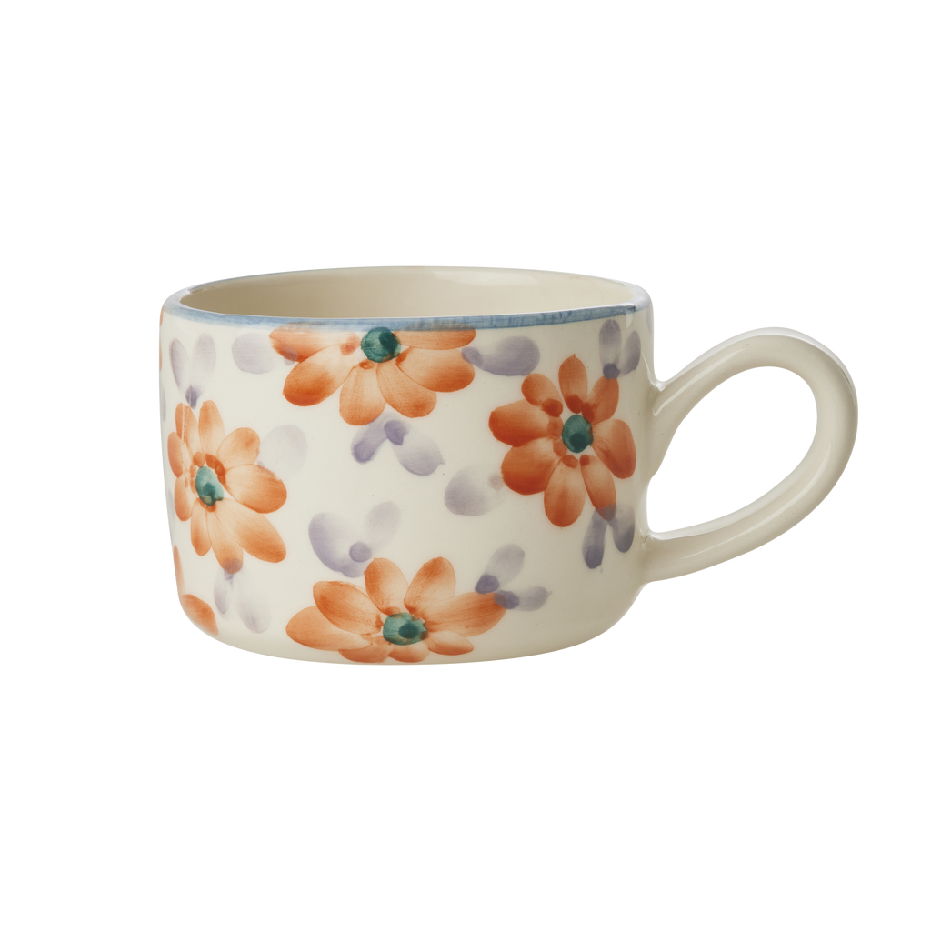 Ceramic Cappuccino Cup with Hand Painted Orange Flowers - 6.7 oz