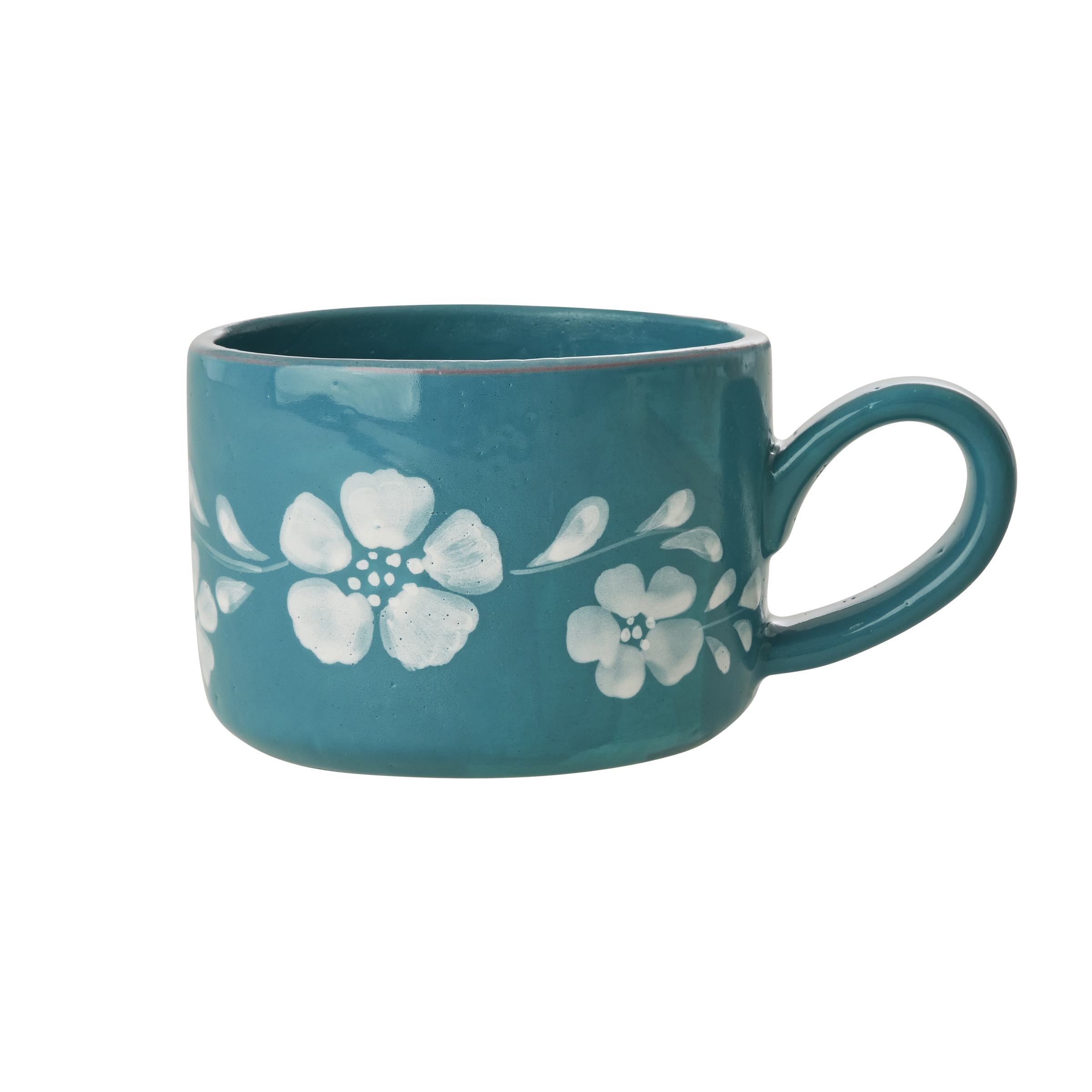 Ceramic Cappuccino Cup with Hand Painted White Flowers Vine - 6.7 oz