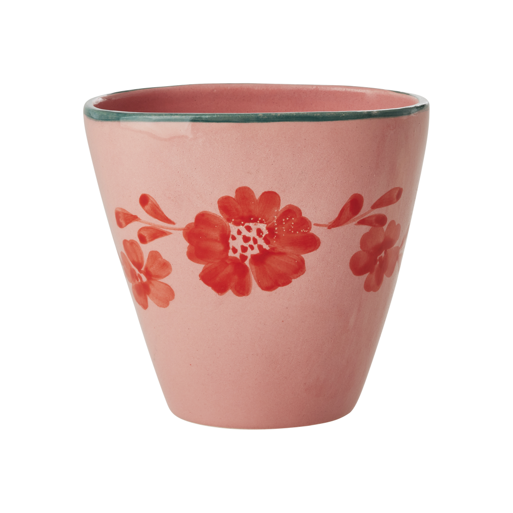 Ceramic Oval Cup with Hand Painted Orange Flower Vine - 10.1 oz