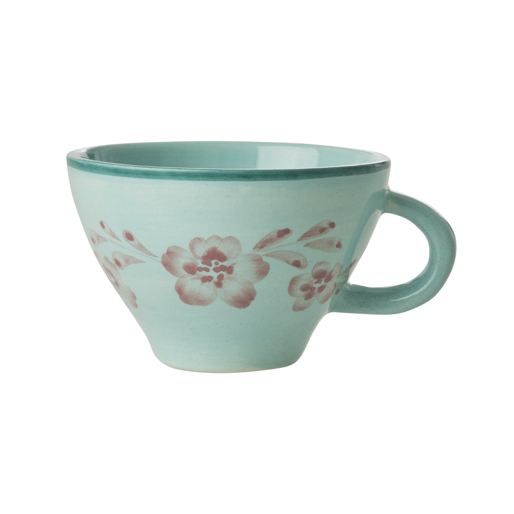 Ceramic Tea Cup with Hand Painted Soft Pink Flower Vine - 5.0 oz