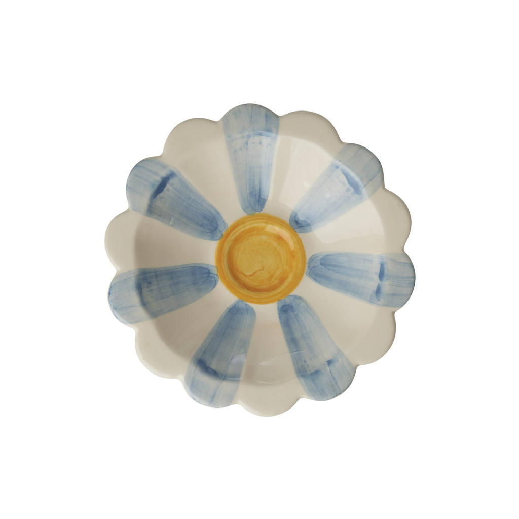 Ceramic Flower Dipping Bowl with Blue Hand Painted Stripes