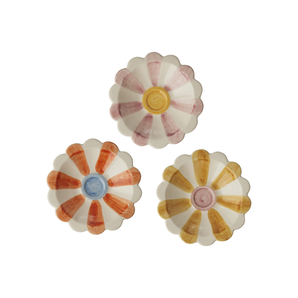 Ceramic Flower Dipping Bowl with Pink Hand Painted Stripes