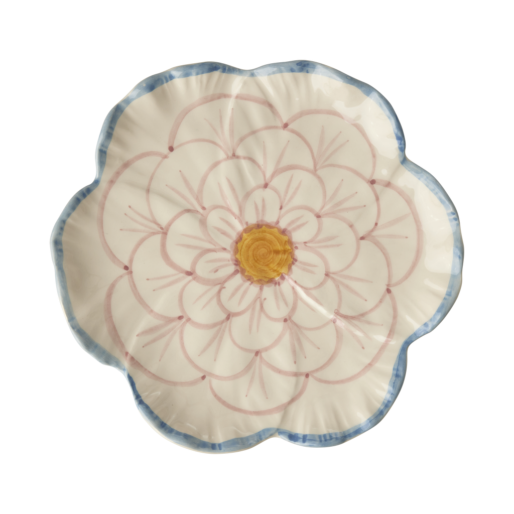 Ceramic Flower Shaped Side Plate with Blue Border