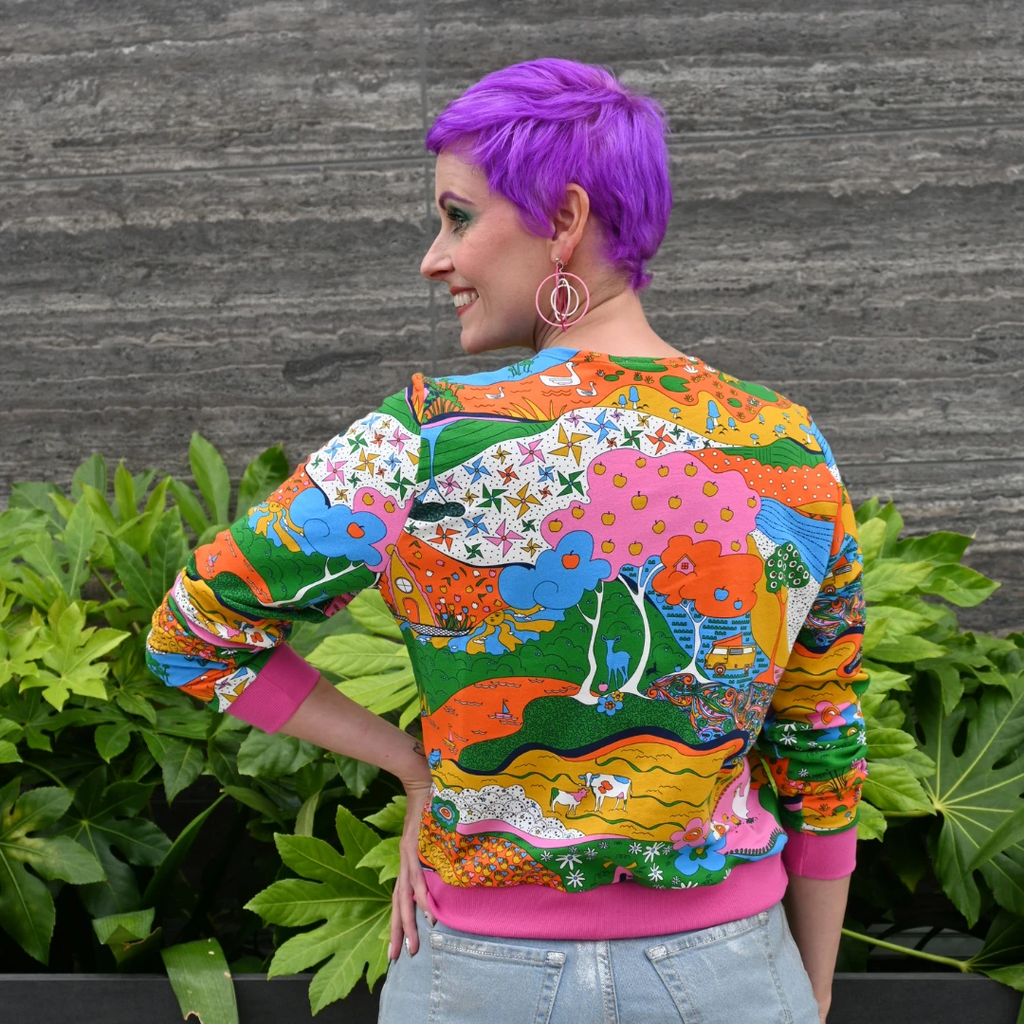Landscape Pullover in Rainbow W/ Fuchsia Cuffs by Blue Platypus Clothing