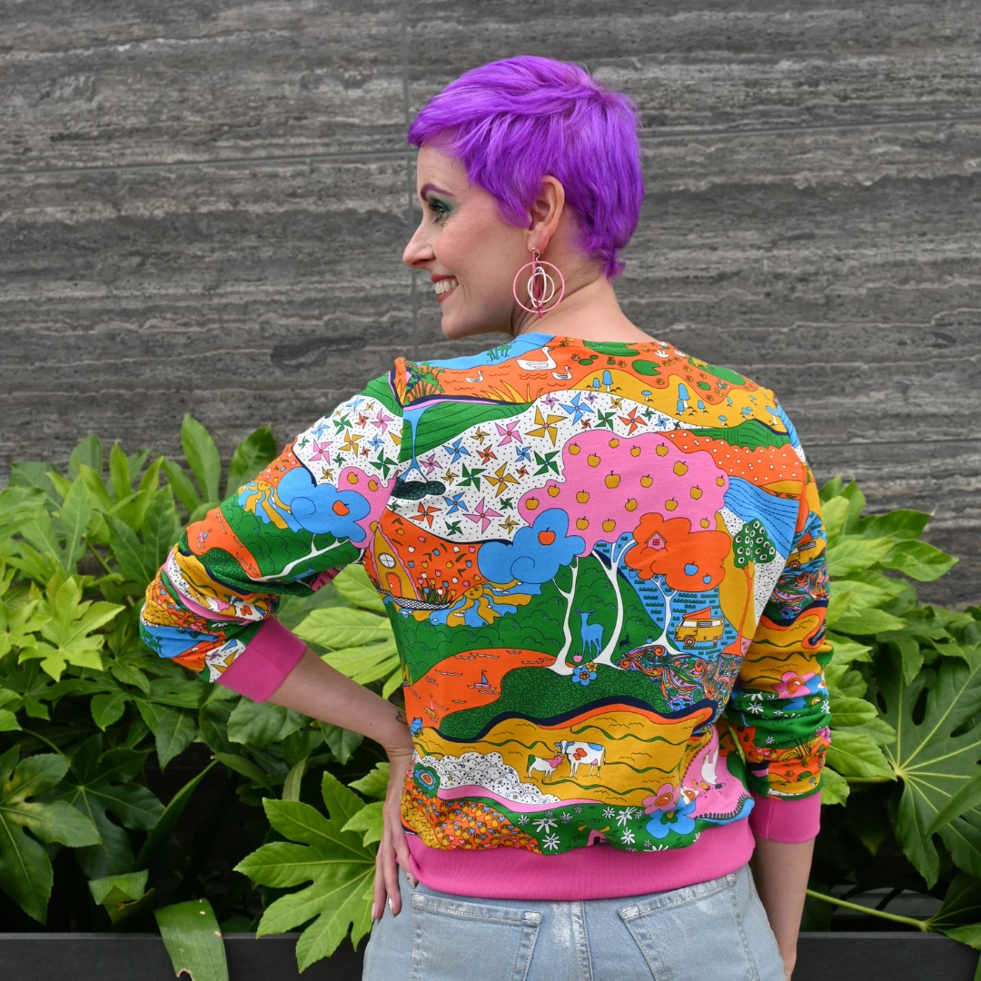 Landscape Pullover in Rainbow W/ Fuchsia Cuffs by Blue Platypus Clothing