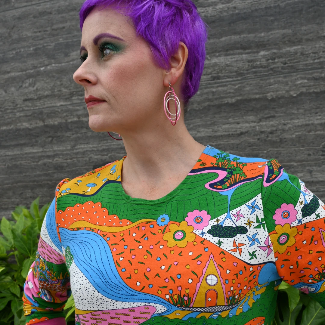 Landscape Pullover in Rainbow W/ Fuchsia Cuffs by Blue Platypus Clothing