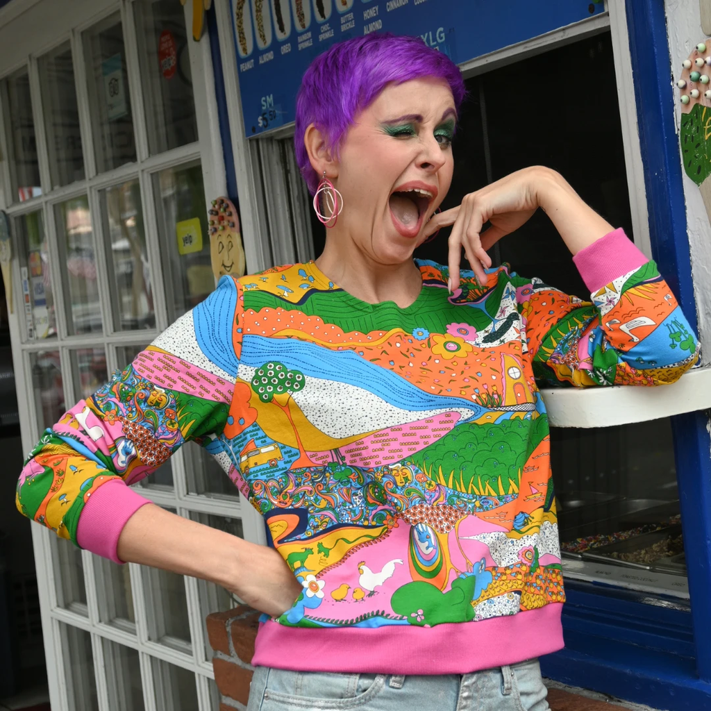 Landscape Pullover in Rainbow W/ Fuchsia Cuffs by Blue Platypus Clothing