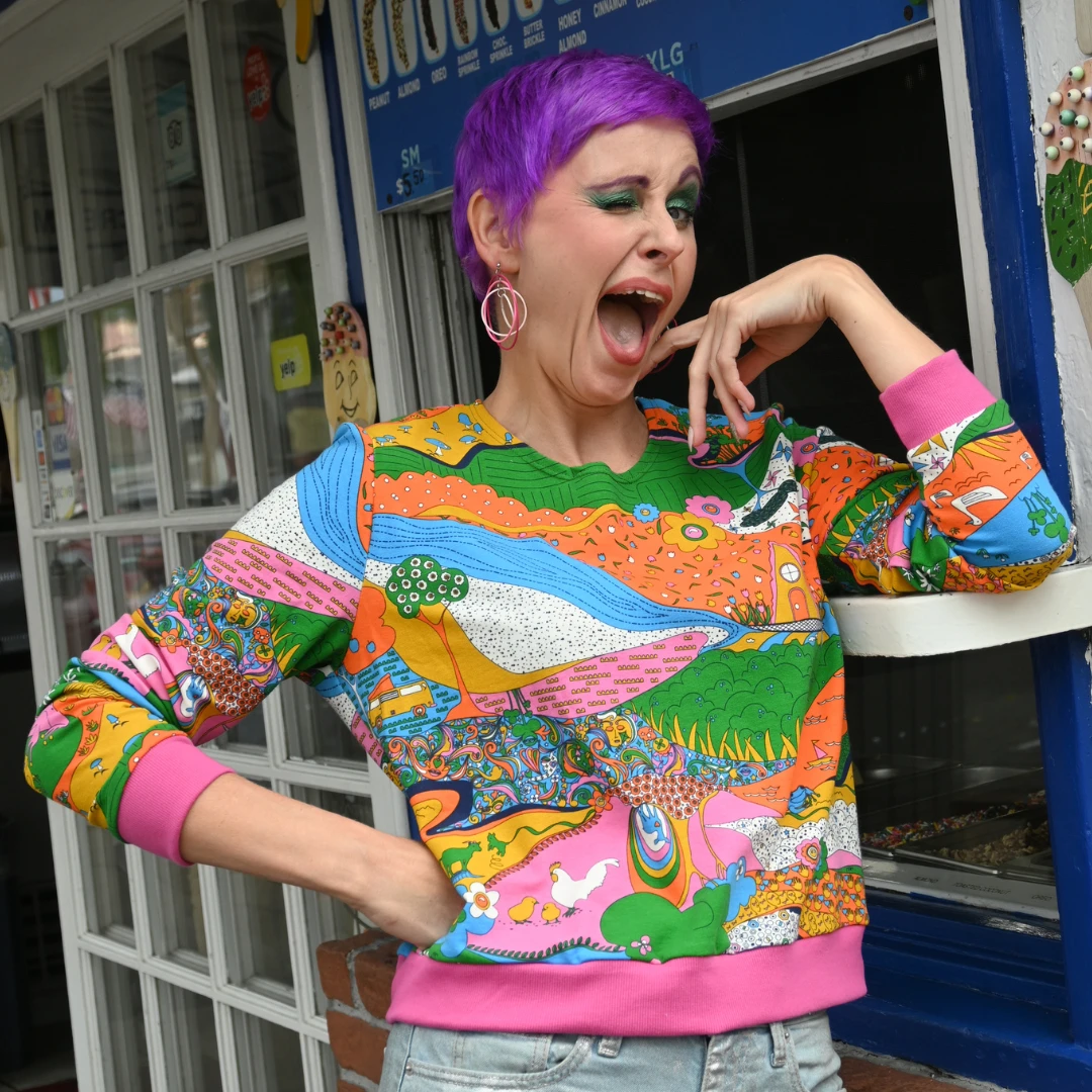 Landscape Pullover in Rainbow W/ Fuchsia Cuffs by Blue Platypus Clothing