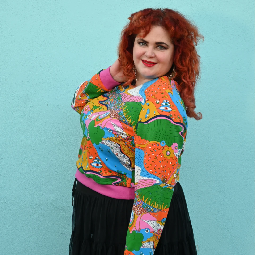 Landscape Pullover in Rainbow W/ Fuchsia Cuffs by Blue Platypus Clothing