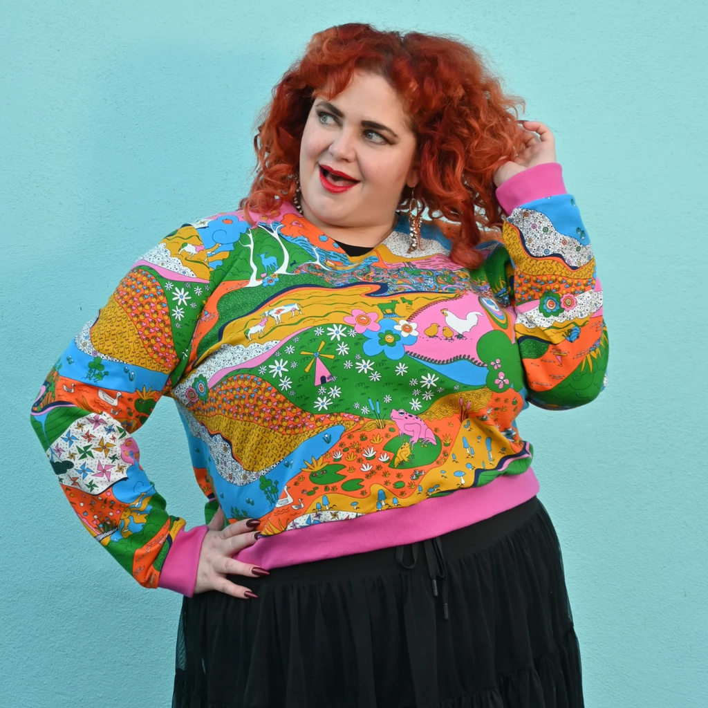 Landscape Pullover in Rainbow W/ Fuchsia Cuffs by Blue Platypus Clothing