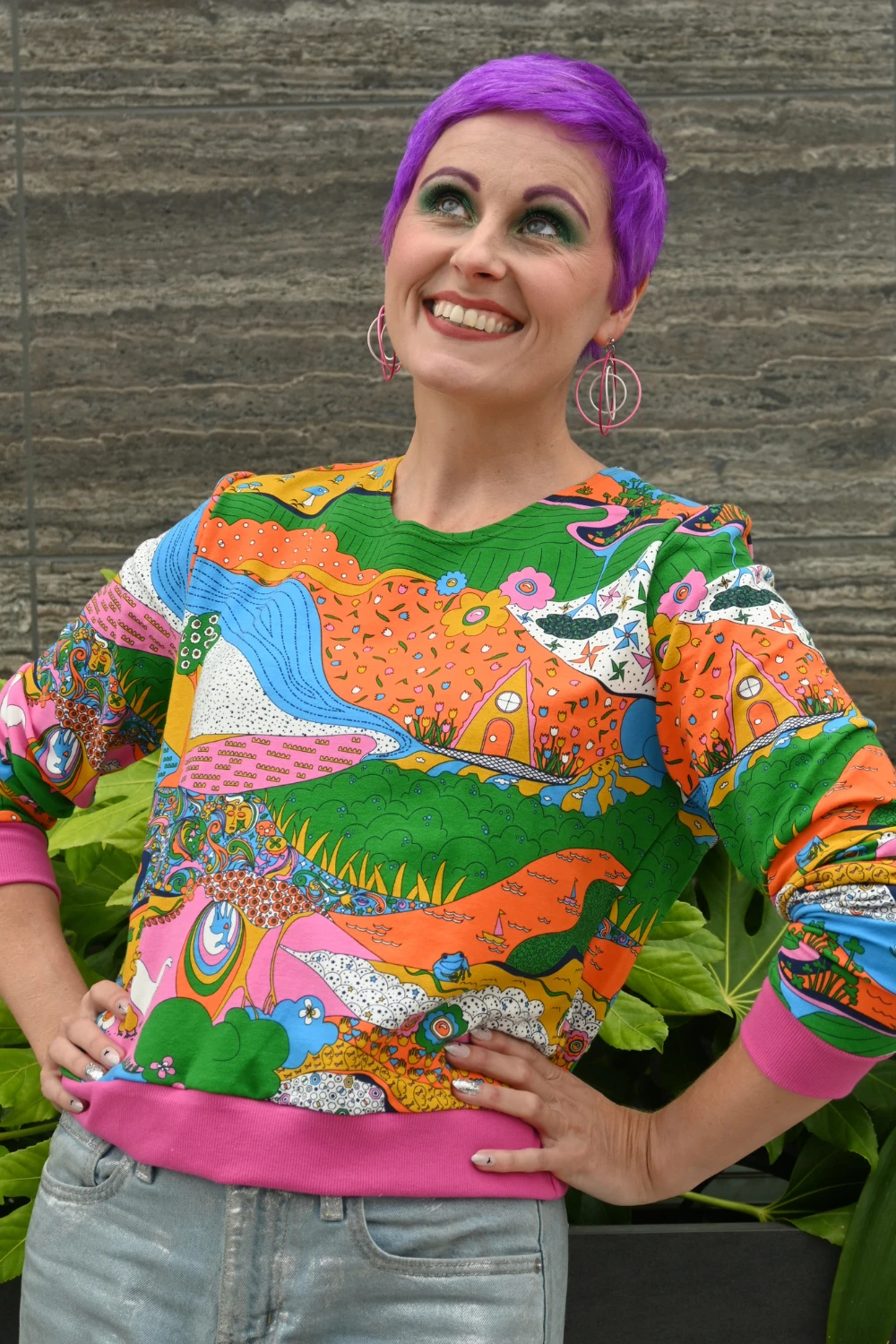 Landscape Pullover in Rainbow W/ Fuchsia Cuffs by Blue Platypus Clothing