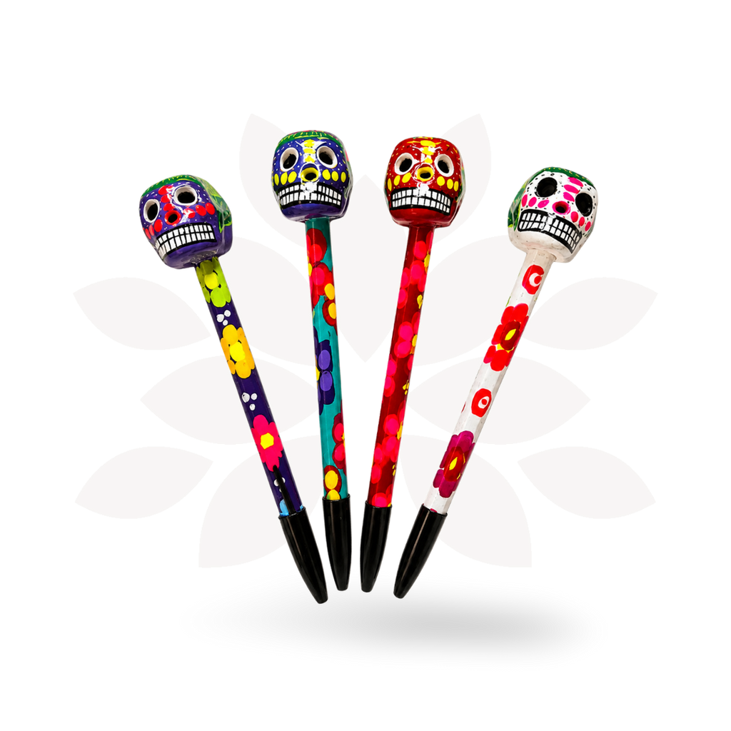 Hand-Painted Sugar Skull Ceramic Floral Pen - Unique Mexican Design - Mexico