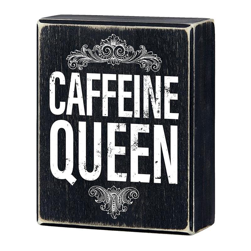 Caffeine Queen Box Sign in Black | Funny Rustic Wall Wooden Box Sign Decor by The Bullish Store