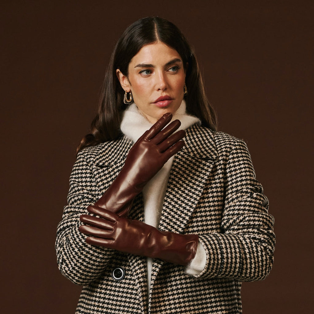 Camilla (brown) - Italian long leather winter gloves with luxurious cashmere lining