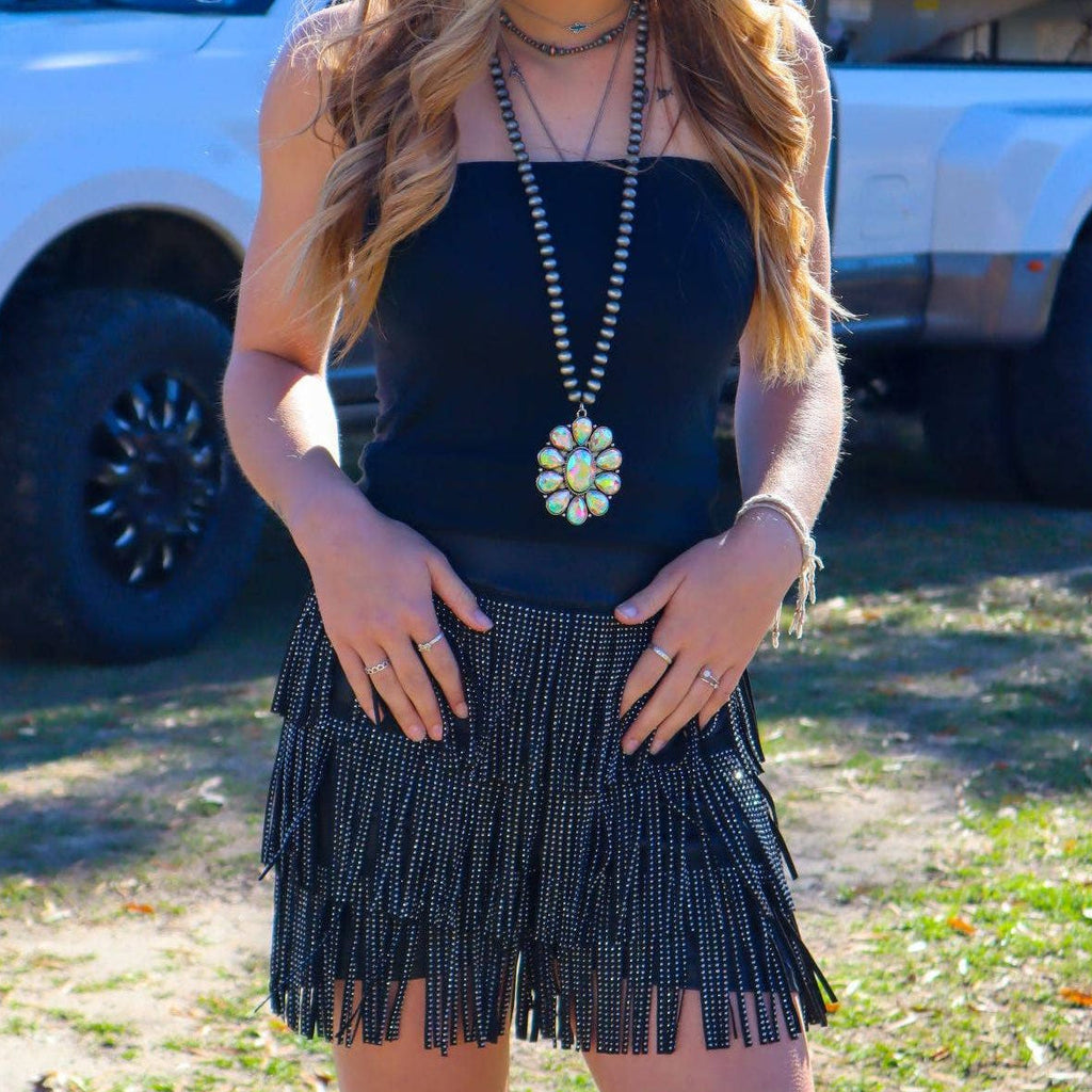 Catalena Fringe Rhinestone Skort Miniskirt Shorts in Black [Available in SM-L]