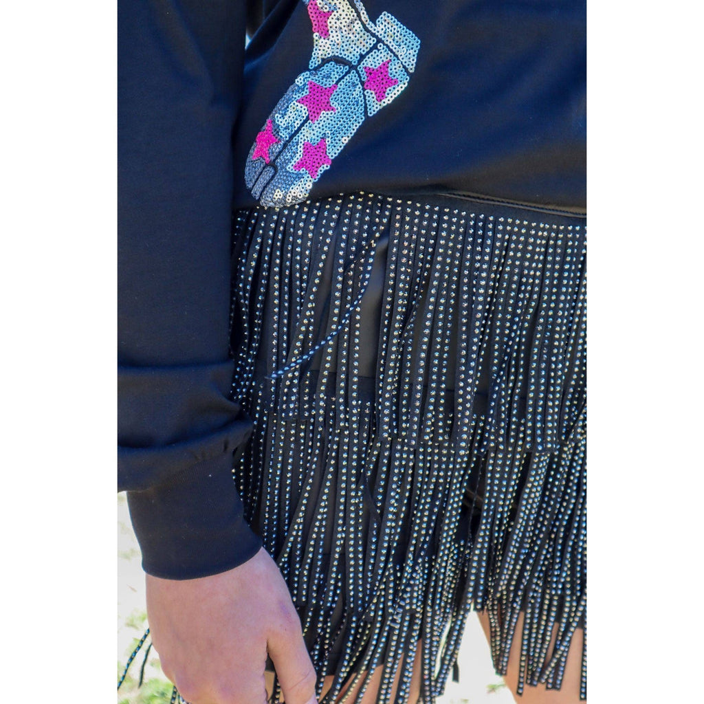 Catalena Fringe Rhinestone Skort Miniskirt Shorts in Black [Available in SM-L]